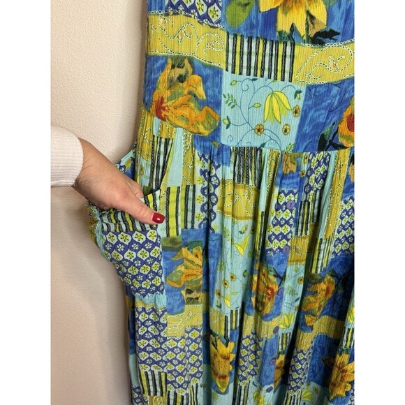 Vintage Bila California  Maxi Dress Women's Patchwork Blue Sunflower M 90s Boho - Picture 3 of 8